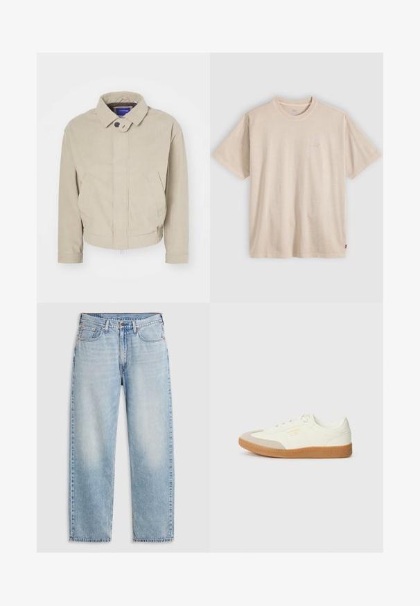 Beige Cordjacke mit Kragen, Knopfverschluss und frontalen Taschen; zeichnet sich durch einen strukturierten Stoff und einen cropped Saum aus.; Beige T-Shirt mit kurzen Ärmeln und Rundhalsausschnitt, mit dezentem Levi’s-Logo auf der Brust und kleinem rotem Etikett an der Seitennaht.; Helleblaue Jeans im geraden Schnitt mit fünf Taschen, Metallknopfverschluss und verblasstem Detail an Oberschenkeln und Knien, flach auf einem weißen Hintergrund ausgebreitet.; Sneaker aus weißem Leder mit einer beigen Zehenkappe und leichter brauner Gummisohle. Verfügt über flache weiße Schnürsenkel und geprägtes Branding an der Seite.