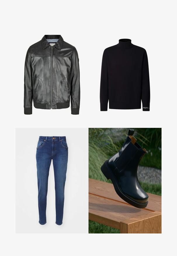 Chaqueta de cuero negra con cierre frontal, cuello puntiagudo y puños acanalados. Presenta dos bolsillos laterales y una textura suave.; Suéter negro de cuello alto hecho de una tela suave y elástica. Cuenta con mangas largas y un diseño ajustado. Logo "PEPE" en el puño.; Vaqueros de denim azul oscuro con un diseño de pierna recta, estilo de cinco bolsillos y cierre de botón de cobre. Un ligero desgaste añade textura.; Botín chelsea de cuero negro con acabado suave, paneles laterales elásticos, punta redondeada y suela de goma gruesa, posicionado sobre una superficie de madera.