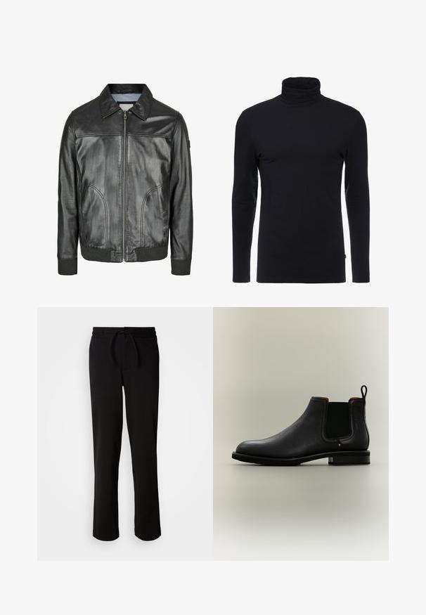 Veste en cuir noir avec fermeture éclair à l'avant, col pointu et poignets côtelés. Comprend deux poches latérales et une texture lisse.; T-shirt noir à manches longues et col roulé en tissu doux et extensible. Présente un design ajusté et une texture lisse. Aucun motif ni accent visible.; Pantalons de survêtement noirs avec une taille élastique à cordon, fabriqués à partir d'un tissu doux et extensible. Présente une coupe décontractée avec des jambes droites et sans poches visibles.; Bottine Chelsea en cuir noir avec panneaux latéraux élastiques et languette sur fond gris clair.