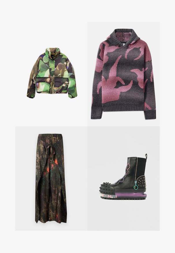 Veste matelassée avec un motif abstrait aux couleurs vert, marron et violet. Dispose d'un col montant, d'une fermeture éclair frontale et de deux grandes poches avant.; Pull en laine avec une capuche, mélange de couleurs grises et roses, avec un motif de formes abstraites. Poignets et ourlet côtelés.; Longue jupe noire avec motif abstrait multicolore, nouée devant à la taille, avec des panneaux de tissu superposés créant une ouverture fendillée.; Botte en cuir noire avec une semelle épaisse, des accents cloutés, des fermetures éclair colorées et un embout rembourré. La semelle transparente contient des éléments décoratifs à l'intérieur.