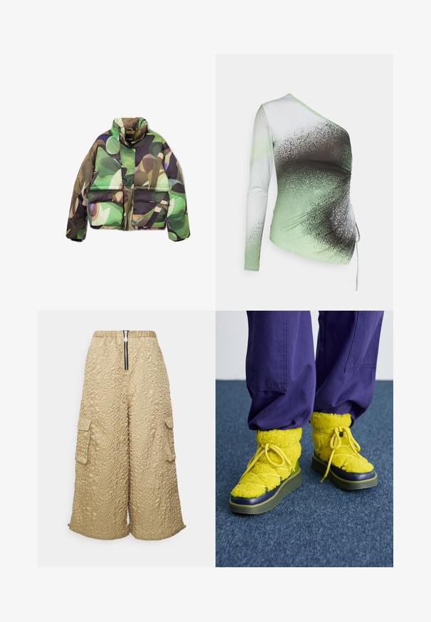 Padded bunda s zeleným, hnedým a fialovým abstraktným vzorom. Má vysoký golier, predný zips a dve veľké predné vrecká.; Elleme ONE SHOULDER - Top s dlhým rukávom - light green/white; The Ragged Priest STORM PARACHUTE
TROUSERS - Kapsáče - beige; Žlté nadýchané topánky s okrúhlou špičkou, textúrovanou tkaninou a zelenou gumovou podrážkou. Obsahujú žlté šnúrky a námornícky modrý akcent okolo špičky.