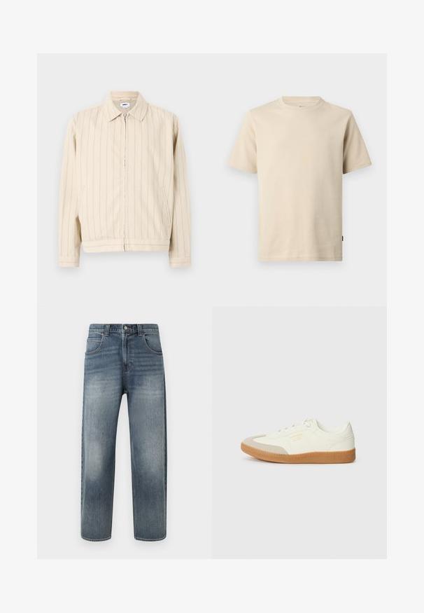 Beige μπουφάν με φερμουάρ και κατακόρυφες ανοιχτό μπλε ρίγες. Διαθέτει γιακά, δύο πλαϊνές τσέπες και ευθεία τελείωματα. Φτιαγμένο από βαμβακερό ύφασμα.; Μπεζ βαμβακερό κοντομάνικο T-shirt με στρογγυλή λαιμόκοψη, ελάχιστη ραφή και μικρό λογότυπο τονικής απόχρωσης στο αριστερό στήθος.; Φωτεινό γαλάζιο τζιν με ίσια γραμμή, διαθέτει πέντε τσέπες, φερμουάρ και ελαφριά ξεθώριασμα στα πόδια. Ολοκληρώνεται με διακοσμητικές ραφές.; Αθλητικά παπούτσια από λευκό δέρμα με μπεζ κάλυμμα δαχτύλων και ανοιχτό καφέ καουτσούκ σόλα. Έχουν επίπεδες λευκές κορδόνες και ανάγλυφο λογότυπο στο πλάι.
