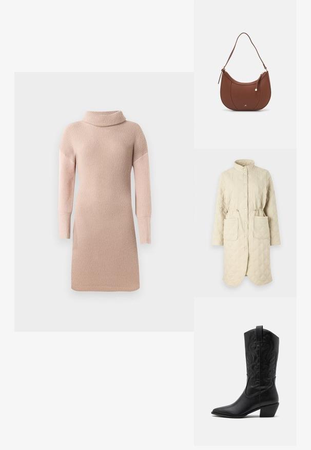 Abrigo acolchado beige con cuello alto, botones a presión, cintura ajustable con cordón y dos bolsillos frontales, presentando un patrón de rombos en la tela.; Vestido de punto trenzado en rosa claro, con cuello alto, mangas largas, textura acanalada y silueta ajustada.; Botas de vaquero de cuero negro con punta afilada, patrones en relieve en espiral y un tacón de altura media. Presentan una lengüeta para facilitar el uso.; Bolso de hombro de imitación cuero marrón con forma curva, costura mínima y un acento de hardware en tono dorado. Presenta un cierre de cremallera en la parte superior y una correa ajustable.