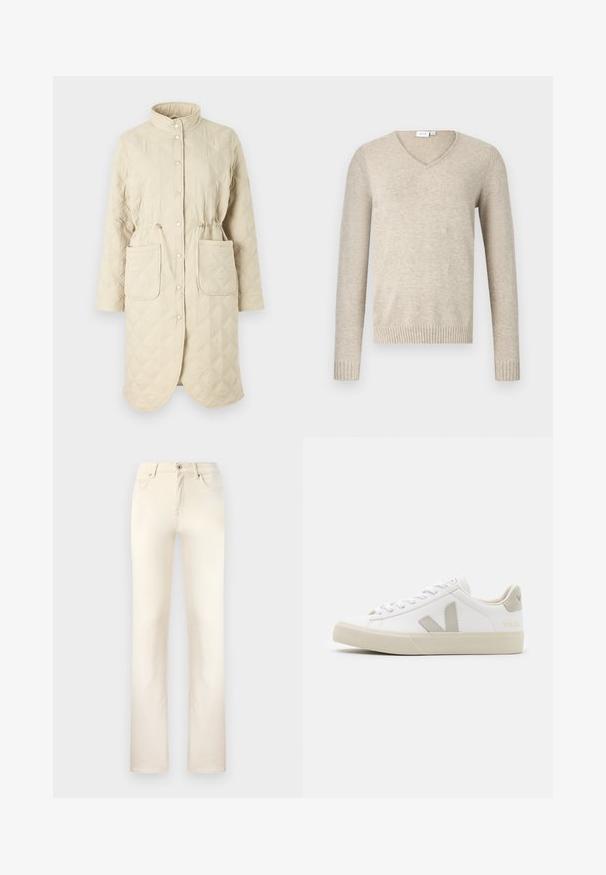 Abrigo acolchado beige con cuello alto, botones a presión, cintura ajustable con cordón y dos bolsillos frontales, presentando un patrón de rombos en la tela.; Suéter beige de cuello en V hecho de material suave, con mangas largas y puños acanalados. Presenta un diseño sencillo sin patrones ni adornos.; Jeans de mezclilla beige con un diseño clásico de pierna recta. Presentan cinco bolsillos, cierre de cremallera y costuras sutiles a lo largo de las costuras.; Zapatillas blancas de cuero con acentos en gris del logo V, suela de goma texturizada, cordones blancos y lengüeta y collar acolchados.