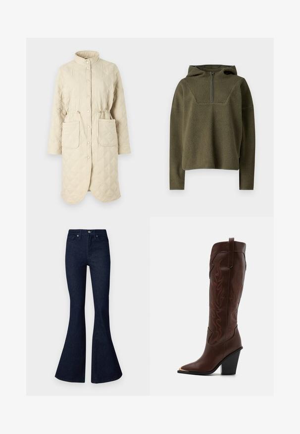 Beige vuorellinen takki, jossa on korkea kaulus, nepparit, nyörikiinnitys vyötäröllä ja kaksi etutaskua, ja kankaassa on timanttikuvio.; Oliivivärinen fleece-pullover hupulla, puoliväli-vetoketjulla, teksturoitua kangasta ja kontrastiväriset reunat helmassa ja hihoissa.; Good American ALWAYS FIT GOOD - Bootcut-farkut - indigo; RAID RIMSKY - Korolliset saappaat - brown