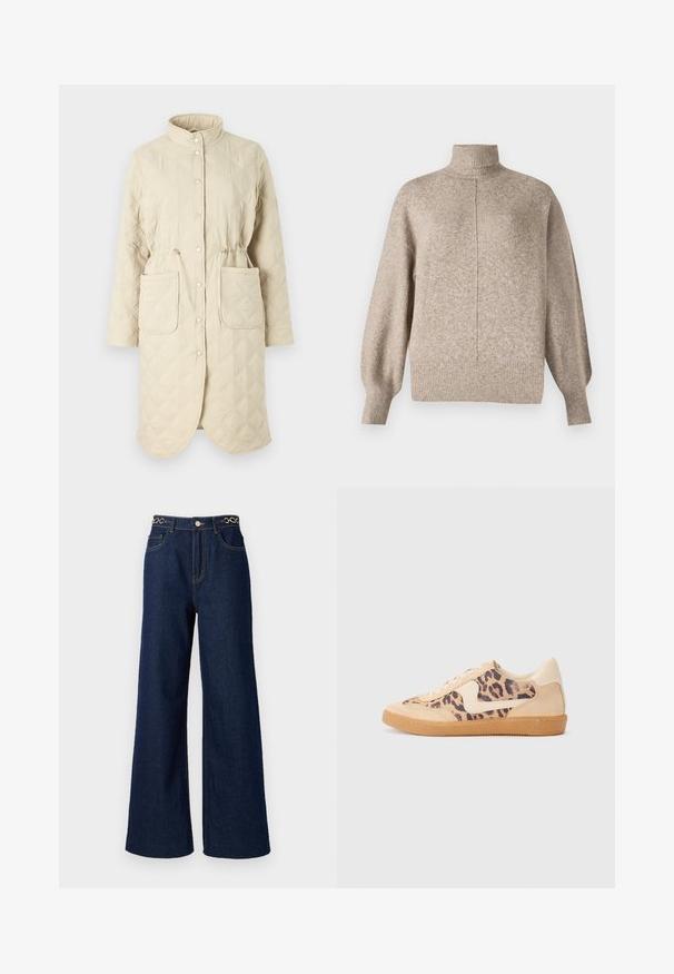 Abrigo acolchado beige con cuello alto, botones a presión, cintura ajustable con cordón y dos bolsillos frontales, presentando un patrón de rombos en la tela.; Vero Moda VMDOFFY - Jersey de punto - sepia tint; Los pantalones vaqueros de pierna ancha de denim azul oscuro cuentan con una cintura alta, acentos de cadena dorada en la pretina y detalles de costura en contraste a lo largo de la prenda.; Zapatillas de leopardo con parte superior de ante beige, suela de goma marrón y acentos blancos. Punta redonda y diseño con cordones con un acabado texturado.