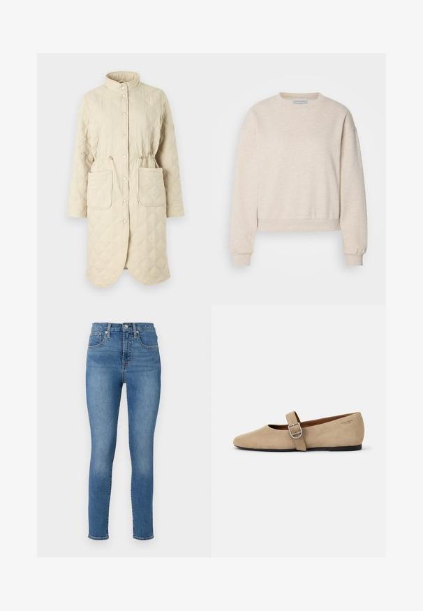 Abrigo acolchado beige con cuello alto, botones a presión, cintura ajustable con cordón y dos bolsillos frontales, presentando un patrón de rombos en la tela.; Sudadera beige clara hecha de tela suave, con un cuello redondo, costuras de hombro caídas y puños y dobladillo acanalados.; GAP SKINNY TALMA - Vaqueros pitillo - medium indigo; Bailarinas de ante beige estilo Mary Jane con punta afilada y una sola correa ajustable con hebilla de plata. Suela plana negra.