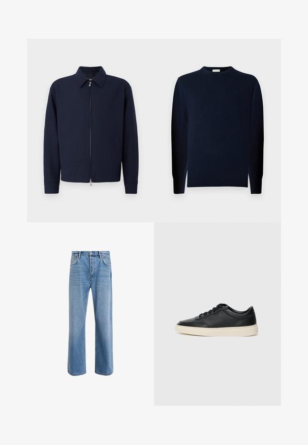 Mørkeblå zip-jakke med krave, lange ærmer, to sidelommer og sølvfarvet lynlås lukning på en ensfarvet hvid baggrund.; Ung mand med krøllet hår iført en mørk langærmet sweater og mørke bukser står foran en ensfarvet grå baggrund.; Lyseblå denim jeans med lige ben-design, fem lommer, knaplukning, minimal falming og kontraststingdetaljer.; Sort lavt top lædersneaker med sorte snørebånd og off-white sål vist i sideprofil på hvid baggrund.