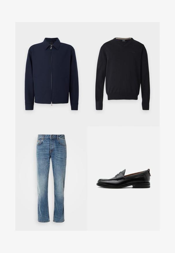 Mørkeblå zip-jakke med krave, lange ærmer, to sidelommer og sølvfarvet lynlås lukning på en ensfarvet hvid baggrund.; Sort v-hals sweater lavet af blødt strikket stof. Har lange ærmer, ribbede manchetter og kant samt præget logodetalje på brystet.; Lyseblå denimbukser med lige ben, fem lommer, kontrasterende syninger og en falmet finish. Har en knap- og lynlåsåbning.; Sort læder herre loafer med moc-tå syning, penny strop, struktureret krave og lav stablet hæl på hvid baggrund.