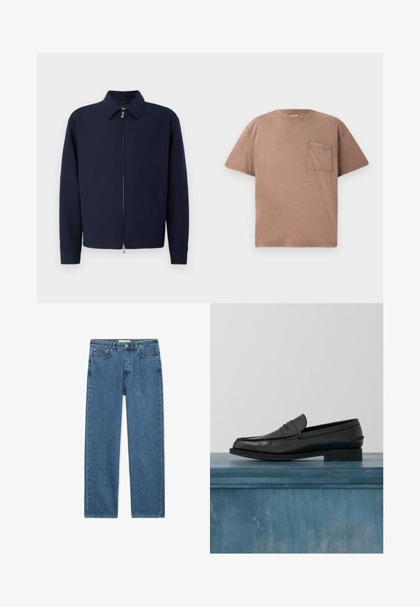 Mørkeblå zip-jakke med krave, lange ærmer, to sidelommer og sølvfarvet lynlås lukning på en ensfarvet hvid baggrund.; Kortærmet t-shirt med rund hals i lys brun bomuld, der har en enkelt brystlomme og en subtil struktur. Lige pasform med rene kanter.; Blå denim jeans med lige ben, fem lommer, knaplukning og bæltestropper, vist fladt på en hvid baggrund.; Sorte læderloafers med et slankt design, der har syning ved tåen og en glat finish. Skoen har en lav hæl og minimal udsmykning.