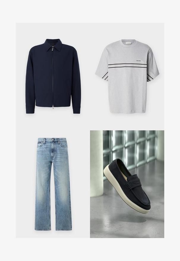Mørkeblå zip-jakke med krave, lange ærmer, to sidelommer og sølvfarvet lynlås lukning på en ensfarvet hvid baggrund.; Grå bomulds t-shirt med korte ærmer, med to sorte vandrette striber og et lille logo på brystet. Klassisk rund halsudskæring.; Lyseblå denim jeans med lige ben, højt talje, fem lommer, knaplukning og diskrete falmede områder på lår og knæ.; Sort ruskind loafer med hvid sål, der svæver over en lys grå poleret gulv med en glasblokvæg og en hvid søjle i baggrunden.