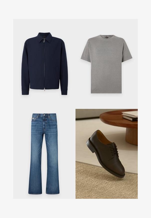 Veste zippée bleu marine avec col, manches longues, deux poches latérales et fermeture éclair argentée sur fond blanc uni.; T-shirt en coton gris à manches courtes, col rond, avec un logo embossé "JACK & JONES" sur le devant. Texture lisse, design décontracté.; Jean en denim bleu avec une jambe légèrement évasée, cinq poches, fermeture par bouton, et un léger délavage aux cuisses et aux genoux.; Chaussure de ville en cuir marron avec un dessus texturé, un laçage, des coutures contrastées et une semelle en caoutchouc durable, flottant au-dessus d'un tapis tissé.