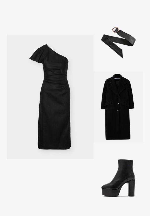 Abrigo largo de lana negra con solapas anchas, tres botones en el frente, dos bolsillos con solapa y mangas largas.; Vestido negro hasta la rodilla con una manga corta y un lado descubierta del hombro, cintura ajustada y textura de tela suave.; Botín negro de cuero hasta el tobillo con puntera puntiaguda y un alto tacón de bloque. Cuenta con una suela de plataforma y textura suave sin herrajes visibles.; Cinturón de cuero negro con una hebilla grande, rectangular y redondeada de bronce y extremos puntiagudos, extendido plano sobre un fondo blanco.
