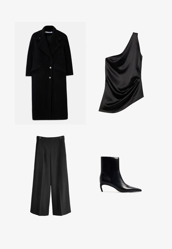 Lang sort uldfrakke med brede revers, tre forreste knapper, to klaplommer og lange ærmer.; Sort satin-top med en asymmetrisk halsudskæring, draperet stofdetalje og blød tekstur. Har én skulder og en flydende silhuet.; Svarte breddebenede bukser med høj talje, lavet af glat stof. Har to forlommer og to knapper ved linningen.; Sort læderankelstøvle med spidse tæer og en lille, slank hæl. Glat tekstur med et strømlinet, minimalistisk design.