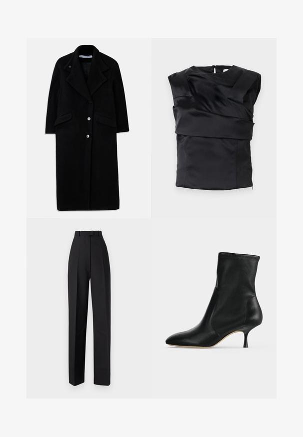 Lang sort uldfrakke med brede revers, tre forreste knapper, to klaplommer og lange ærmer.; Sort satin top med en struktureret design, brede skuldre og en asymmetrisk frontpanel, lukket med en lynlås i ryggen.; Sorte højtaljede bukser med plisseringer, der har et skræddersyet design og lige ben. Fremstillet af et glat stof med minimal detaljering.; Sort læderankelstøvle med spids tå og slank mellemhøj hæl, vist i profil på en lys baggrund.