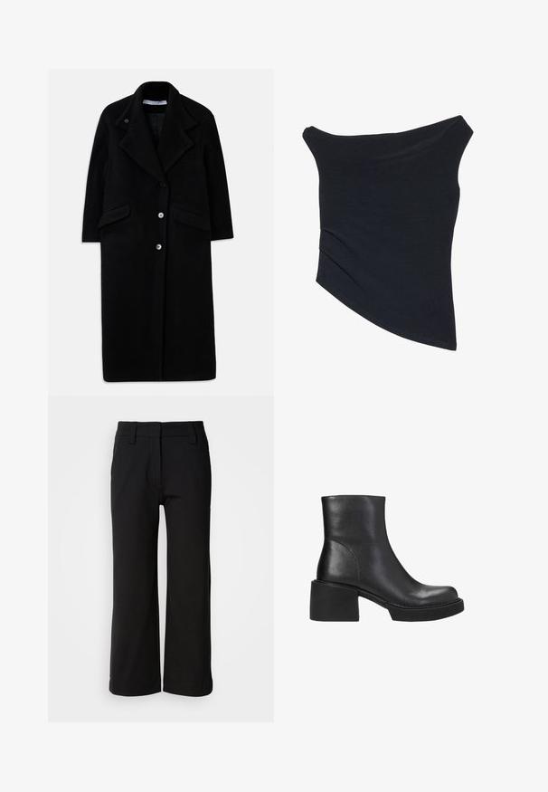 Abrigo largo de lana negra con solapas anchas, tres botones en el frente, dos bolsillos con solapa y mangas largas.; Top negro, con tirantes caídos, de diseño ajustado, con un dobladillo asimétrico y una textura suave y lisa. Presenta tela fruncida en el escote.; Pantalones de pierna ancha negros hechos de una tela suave. Presenta un frente plano, lazos para cinturón y un dobladillo limpio sin bolsillos ni cierres visibles.; Botín de cuero negro hasta el tobillo con punta redondeada, tacón medio y textura suave. Presenta un diseño minimalista y costuras en contraste.