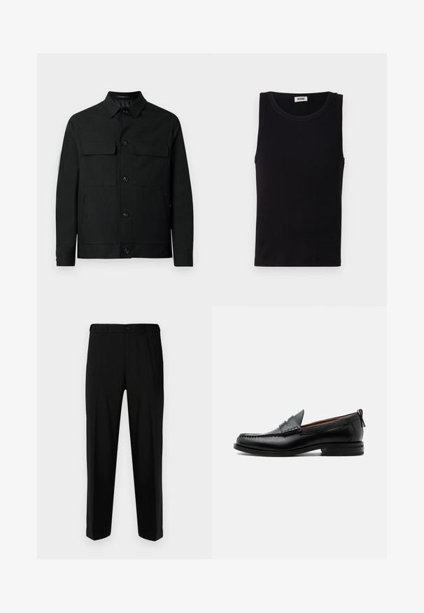 Schwarze Jacke aus glattem Stoff mit kragenförmigem Halsausschnitt, zwei Brusttaschen und Knopfverschluss auf der Vorderseite.; Schwarzes ärmelloses Tanktop aus weicher Baumwolle. Verfügt über einen runden Ausschnitt und einen geraden Schnitt mit minimalen Nähdetails.; Schwarze Hosen aus glattem Stoff, mit geradem Schnitt, zwei vorderen Taschen und einem Reißverschluss mit Knopfverschluss.; Schwarzer Leder-Herrenschuh mit Mokassinnaht, Penny-Riemen, strukturiertem Kragen und niedrigem gestapeltem Absatz auf weißem Hintergrund.
