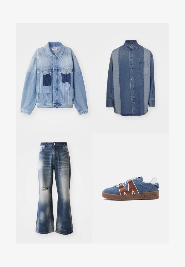 Hellblaue Jeansjacke mit dunkelblauen Patches, darunter ein herzförmiger Patch auf der Vorderseite und Knopfverschluss, flach ausgelegt.; Denimhemd mit einem zweifarbigen Design, bestehenden aus dunklen und hellblauen Abschnitten, mit Knopfleiste, Kragen und einer Brusttasche.; Blaue Schlagjeans mit ausgewaschenen Bereichen und zerstörtem Knie-Detail. Aus Denim gefertigt, mit Knopfverschluss und Fünf-Taschen-Design.; Blauer Denim-Sneaker mit braunen Leder M-förmigen Riemen, weißen Schnürsenkeln, weißem Fersenlaschen und brauner Gummisohle, von der Seite gezeigt.