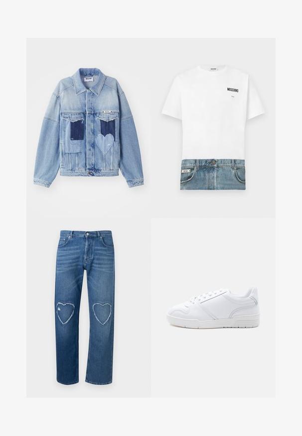 Lys blå denimjakke med mørkeblå lapper, herunder en hjerteformet lap på forsiden, og knaplukning, liggende fladt.; Hvid T-shirt med denimtryk nederst, med lommer og syninger. "Moschino"-logo trykt på øverste venstre side.; Blå denimjeans med høj talje, lige ben og frynsete hjerteformede udskæringer på begge knæ.; Hvid sneakers med lavt snit, snørelukning, glat syntetisk overdel og mønstret gummisål på en ensfarvet lys baggrund.
