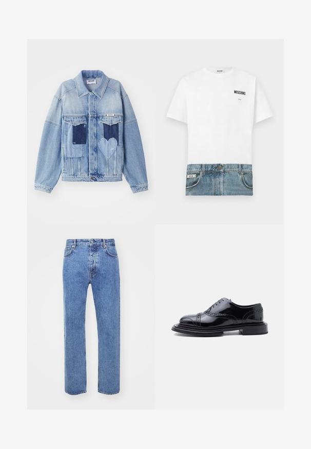Hellblaue Jeansjacke mit dunkelblauen Patches, darunter ein herzförmiger Patch auf der Vorderseite und Knopfverschluss, flach ausgelegt.; Weißes T-Shirt mit Jeans-Print am unteren Teil, mit Taschen und Nähten. "Moschino"-Logo auf der oberen linken Seite gedruckt.; Won Hundred STEVE - Jeans Relaxed Fit - cut blue; Schwarzer, polierter Leder-Brogue-Herrenschuh mit Flügelspitzen-Perforation und gestapeltem Absatz, seitlich auf weißem Hintergrund gezeigt.