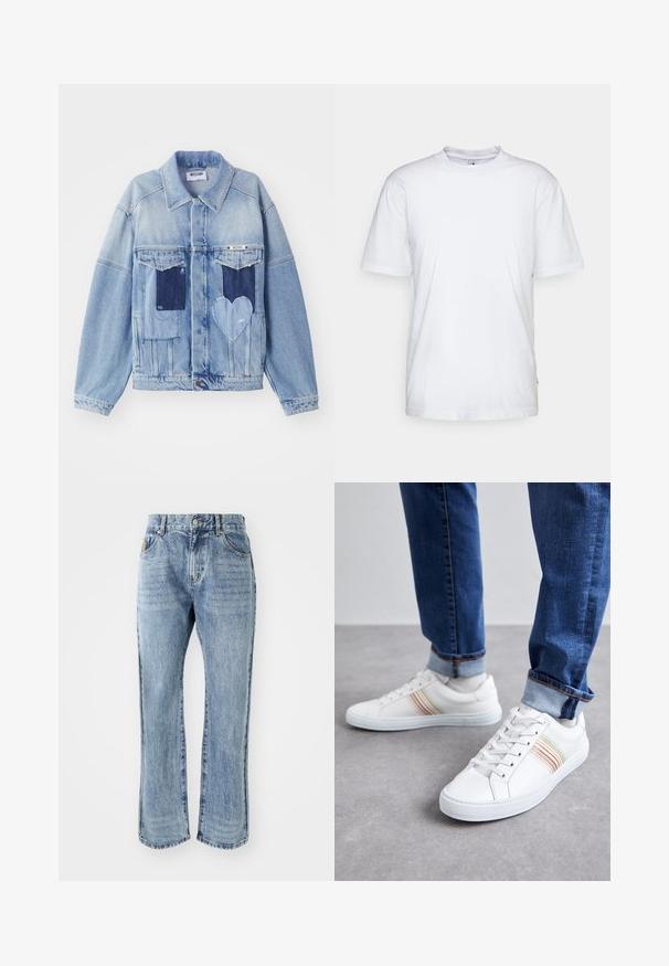 Hellblaue Jeansjacke mit dunkelblauen Patches, darunter ein herzförmiger Patch auf der Vorderseite und Knopfverschluss, flach ausgelegt.; Weißes Baumwoll-T-Shirt mit Rundhalsausschnitt, kurzen Ärmeln und geradem Saum. Auf der linken Seitennaht befindet sich ein kleines Markenzeichen.; Billionaire Boys Club CASINO PANT - Jeans Straight Leg - light wash blue; Weiße Leder-Sneaker mit mehrfarbigen Streifen, Schnürdesign, Gummisohle und gepolstertem Kragen, kombiniert mit blauen Jeans.