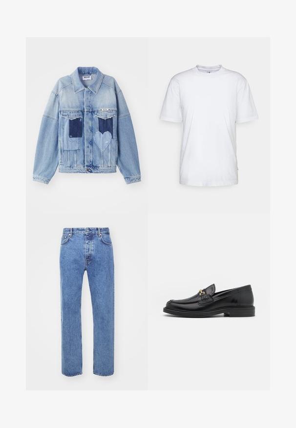 Lys blå denimjakke med mørkeblå lapper, herunder en hjerteformet lap på forsiden, og knaplukning, liggende fladt.; Hvid bomulds t-shirt med rund hals, korte ærmer og lige kant. Har et lille mærke på den venstre sidesøm.; Won Hundred STEVE - Jeans Relaxed Fit - cut blue; Sorte læder loafers med en rund tå, der har guld hardware accent og syningsdetaljer, placeret på en lav, tekstureret gummisål.