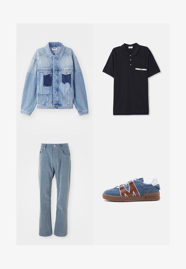 Hellblaue Jeansjacke mit dunkelblauen Patches, darunter ein herzförmiger Patch auf der Vorderseite und Knopfverschluss, flach ausgelegt.; Schwarzes Poloshirt aus Baumwolle mit einem Knopfverschluss mit drei Knöpfen, kurzen Ärmeln und einer Brusttasche mit silbernem Akzent und Etikett.; Hellblaue Cordhosen mit Knopf- und Reißverschluss, Fronttaschen und geradem Bein auf weißem Hintergrund.; Blauer Denim-Sneaker mit braunen Leder M-förmigen Riemen, weißen Schnürsenkeln, weißem Fersenlaschen und brauner Gummisohle, von der Seite gezeigt.