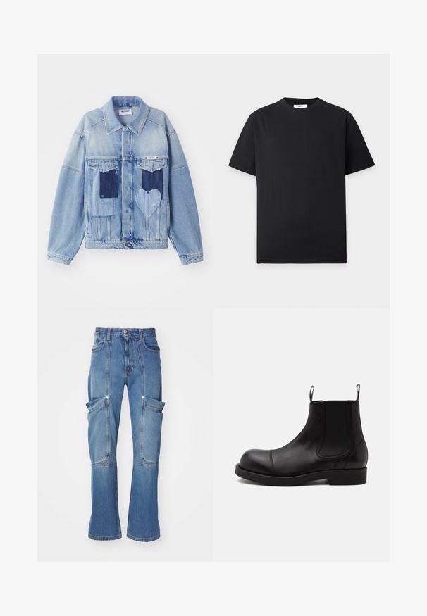 Hellblaue Jeansjacke mit dunkelblauen Patches, darunter ein herzförmiger Patch auf der Vorderseite und Knopfverschluss, flach ausgelegt.; Schlichtes schwarzes T-Shirt mit kurzen Ärmeln und Rundhalsausschnitt mit kleinem weißen Etikett innen im Kragen auf hellgrauem Hintergrund.; Hellblaue Denim-Cargo-Hosen mit hoher Taille, mehreren Seitentaschen und weit ausgestellten Beinen, die über kontrastierende Nähte und einen Reißverschluss verfügen.; Schwarzer Chelsea-Boot aus Leder mit abgerundeter Spitze, elastischen Seiteneinsätzen, Zugschlaufen vorn und hinten, flacher Sohle, seitlich auf weißem Hintergrund abgebildet.