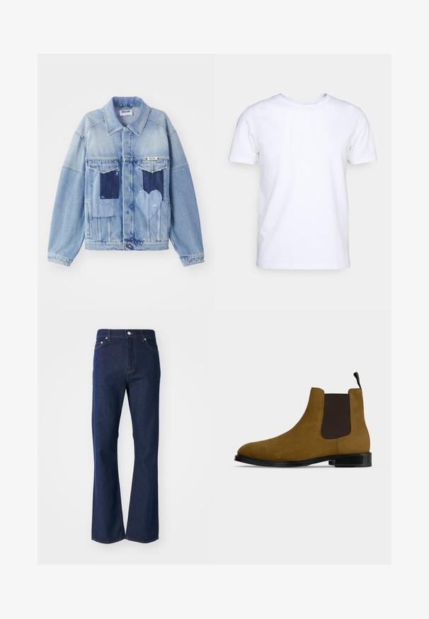 Hellblaue Jeansjacke mit dunkelblauen Patches, darunter ein herzförmiger Patch auf der Vorderseite und Knopfverschluss, flach ausgelegt.; Weißes T-Shirt mit kurzen Ärmeln aus Baumwollstoff und rundem Halsausschnitt. Schlichtes Design ohne Muster oder Akzente. Glatte Textur.; Dunkelblaue Jeans mit ausgestelltem Schnitt aus Denim. Verfügt über fünf Taschen, einen Reißverschluss vorne und einen Metallknopfverschluss. Klassische Nähte setzen Akzente.; Brauner Chelsea-Boot aus Wildleder mit schwarzem elastischem Seitenteil, schwarzer Sohle und Zuglasche vor hellem grauem Hintergrund.