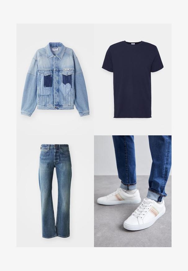 Hellblaue Jeansjacke mit dunkelblauen Patches, darunter ein herzförmiger Patch auf der Vorderseite und Knopfverschluss, flach ausgelegt.; Marineblaues T-Shirt mit kurzen Ärmeln aus weichem Stoff. Es hat einen Rundhalsausschnitt und einen geraden Schnitt ohne Muster oder Akzente.; Jeans aus Denim in einem hellen bis mittleren Blauton, mit geradem Schnitt, klassischem Fünf-Taschen-Design und subtiler Ausbleichung auf der Vorderseite.; Weiße Leder-Sneaker mit mehrfarbigen Streifen, Schnürdesign, Gummisohle und gepolstertem Kragen, kombiniert mit blauen Jeans.