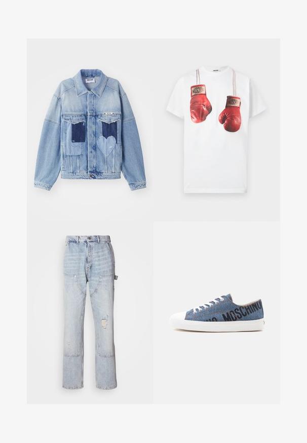 Hellblaue Jeansjacke mit dunkelblauen Patches, darunter ein herzförmiger Patch auf der Vorderseite und Knopfverschluss, flach ausgelegt.; Weißes Baumwoll-T-Shirt mit einem grafischen Aufdruck roter Boxhandschuhe, akzentuiert mit beigen Riemen und dem Markennamen "Moschino" auf den Handschuhen.; Hellblaue Denim-Carpenter-Jeans mit mehreren Taschen, einem vorderen Knopf, Reißverschlussverschluss und Distressed-Details am rechten Oberschenkel.; Niedriger Denim-Sneaker mit weißer Gummisohle und Schnürsenkeln, mit schwarzem "MOSCHINO" Schriftzug an der Seite.