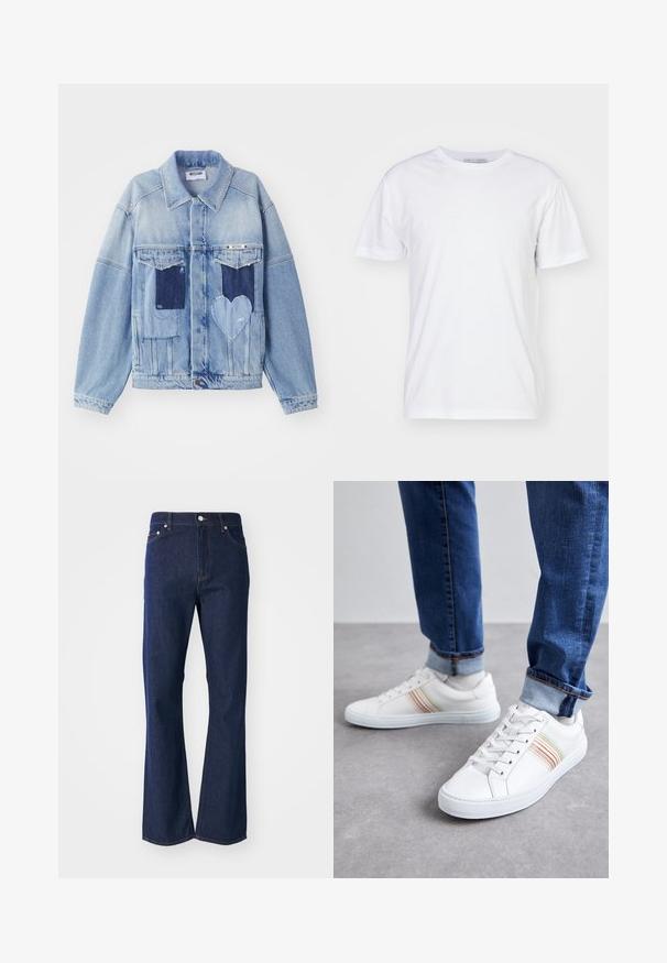 Lys blå denimjakke med mørkeblå lapper, herunder en hjerteformet lap på forsiden, og knaplukning, liggende fladt.; Hvid bomulds t-shirt med rund halsudskæring, korte ærmer og lige snit. Ingen mønstre eller udsmykninger, glat tekstur og enkel design.; Flarvede mørkeblå jeans lavet af denim. Har fem lommer, en front lynlås og en metalknaplukning. Klassiske syninger som detaljer.; Hvide lædersneakers med multicolore striber, snørebåndsdesign, gummisål og polstret krave, parret med blå denimjeans.