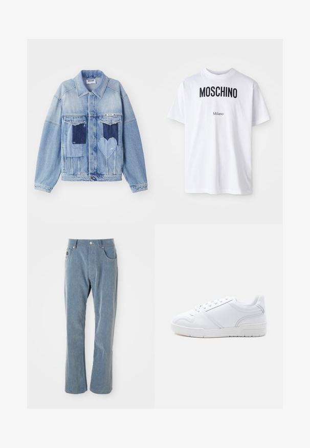 Hele sinine denim jakk tumedate laigudega, sealhulgas südamestyle laigudega ees, ning nööpide sulgemisega, laotatud tasasele pinnale.; Valge puuvillane T-särk, millel on silmapaistvad mustad "MOSCHINO" tähed väiksema "Milano" teksti kohal. Klassikaline ümmargune kaelus ja lühikesed varrukad.; Heledad sinine kordinapüksid nööbi ja tõmbluku sulguriga, esikotid ja sirged sääred valgel taustal.; Valge madala lõikega toss, millel on paeltega kinnitus, sile sünteetiline pealmine osa ja mustriga kummist tallad heledal lihtsal taustal.