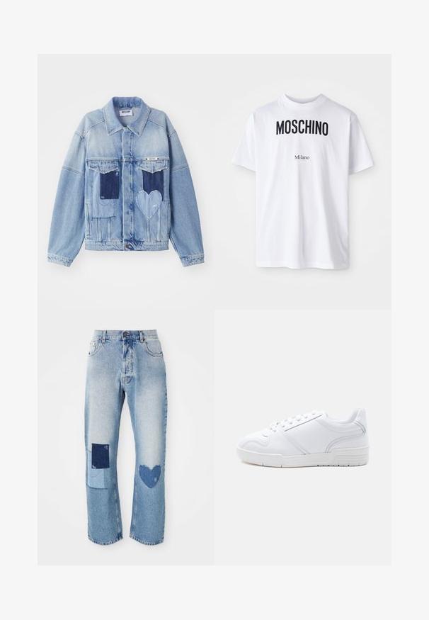 Hele sinine denim jakk tumedate laigudega, sealhulgas südamestyle laigudega ees, ning nööpide sulgemisega, laotatud tasasele pinnale.; Valge puuvillane T-särk, millel on silmapaistvad mustad "MOSCHINO" tähed väiksema "Milano" teksti kohal. Klassikaline ümmargune kaelus ja lühikesed varrukad.; Heledad sinised teksad sirge lõikega, millel on kaks paigaldusdetaili: ruut ja süda, mõlemad tumedamatest teksariidest.; Valge madala lõikega toss, millel on paeltega kinnitus, sile sünteetiline pealmine osa ja mustriga kummist tallad heledal lihtsal taustal.