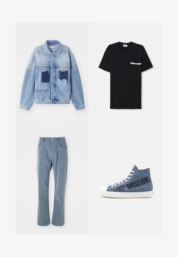 Hellblaue Jeansjacke mit dunkelblauen Patches, darunter ein herzförmiger Patch auf der Vorderseite und Knopfverschluss, flach ausgelegt.; Schwarzes Baumwoll-T-Shirt mit kurzen Ärmeln, Rundhalsausschnitt und einer linken Tasche mit einem weißen Streifen und Logodetail.; Hellblaue Cordhosen mit Knopf- und Reißverschluss, Fronttaschen und geradem Bein auf weißem Hintergrund.; High-Top Sneaker aus blauem Denim mit weißen Schnürsenkeln und Sohle, mit schwarzem "MOSCHINO" Text an der Seite.