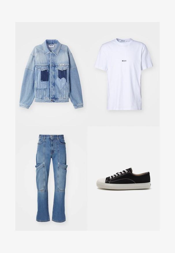 Hellblaue Jeansjacke mit dunkelblauen Patches, darunter ein herzförmiger Patch auf der Vorderseite und Knopfverschluss, flach ausgelegt.; Weißes Baumwoll-T-Shirt mit rundem Ausschnitt, kurzen Ärmeln und einem kleinen schwarzen "MSGM"-Logo, das auf der Vorderseite gedruckt ist. Glatte Textur.; Hellblaue Denim-Cargo-Hosen mit hoher Taille, mehreren Seitentaschen und weit ausgestellten Beinen, die über kontrastierende Nähte und einen Reißverschluss verfügen.; Schwarze Leinensneaker mit weißer Gummikappe und -sohle, versehen mit weißen Schnürsenkeln und kontrastierenden Nähten. Niedrigprofil-Design.