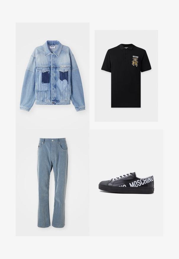 Lys blå denimjakke med mørkeblå lapper, herunder en hjerteformet lap på forsiden, og knaplukning, liggende fladt.; Sort polo med korte ærmer og tre knapper, med en bamse grafik og teksten "Moschino" på venstre bryst.; Lyseblå fløjlsbukser med knap- og lynlåsåbning, forlommer og lige ben på hvid baggrund.; Sort lavtop sneaker med hvide snørebånd og fed hvid "MOSCHINO" tekst, der vikler sig rundt om hælen og siden.