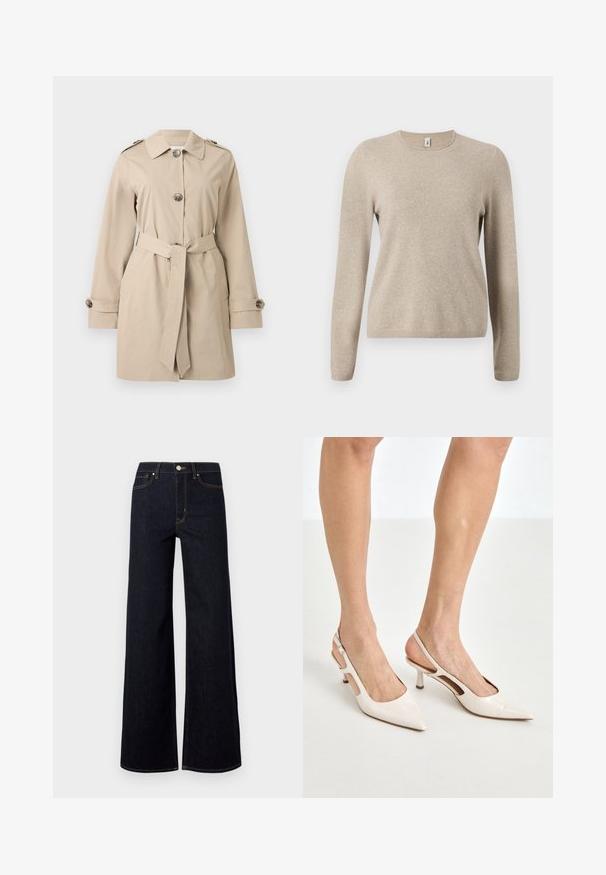Beige knee-length trench coat with collar, three front buttons, belted waist, buttoned cuffs, and epaulets on shoulders.; Beige knitted sweater with long sleeves, round neckline, and ribbed cuffs. Soft texture with a subtle heathered pattern.; Dark blue wide-leg jeans made from denim, featuring a high waist, contrast stitching, and a single metal button at the front.; Beige patent leather slingback heels with a pointed toe and 5 cm heel, featuring cut-out sides and a thin ankle strap.