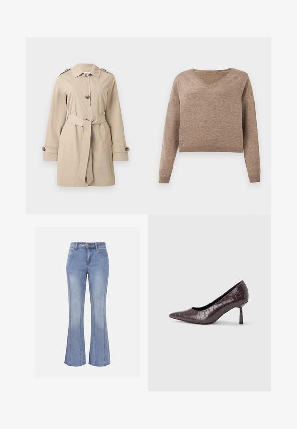 Beige knee-length trench coat with collar, three front buttons, belted waist, buttoned cuffs, and epaulets on shoulders.; Light brown knitted sweater with a V-neck, long sleeves, and ribbed hem. Soft texture with a slightly cropped design and no visible patterns.; Light blue denim jeans with a slight flare, button and zipper closure, front and back pockets, and visible vertical seam details.; Brown faux leather pointed-toe heels with a crocodile texture, featuring a slim, angular heel and a smooth interior lining.