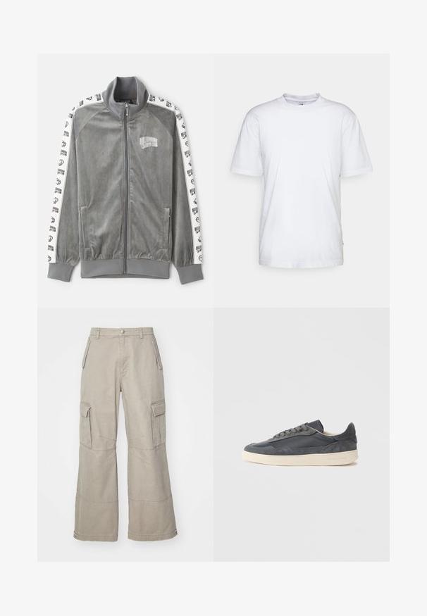 Billionaire Boys Club SMALL ARCH LOGO TAPED TRACK - Trainingsjacke - charcoal; Weißes Baumwoll-T-Shirt mit Rundhalsausschnitt, kurzen Ärmeln und geradem Saum. Auf der linken Seitennaht befindet sich ein kleines Markenzeichen.; Khaki Cargo-Hosen aus Baumwollmischung, mit weitem Bein, mehreren Seitentaschen und dezenten Steppdetails.; Dunkelgraue Sneakers aus Leder und Wildleder mit niedrigem Schnitt, ausgestattet mit einer cremefarbenen Gummisohle und flachen Schnürsenkeln.