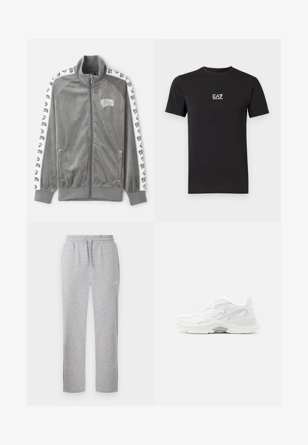 Billionaire Boys Club SMALL ARCH LOGO TAPED TRACK - Trainingsjacke - charcoal; Schwarzes T-Shirt mit kurzen Ärmeln aus weichem Stoff, mit einem kleinen weißen EA7 Emporio Armani-Logo auf der Brust. Klassischer Rundhalsausschnitt.; Hellgraue Jogginghose mit elastischem Bund und Kordelzug, mit kleinem weißem Logo am oberen Oberschenkel, frontal dargestellt.; Weißer, schnürbarer Sportschuh mit Mesh- und Synthetik-Obermaterial, gepolsterter Sohle und dezenter grauer Akzent am Mittelsohlenbereich, seitlich dargestellt.