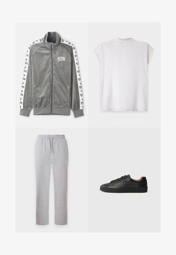 Billionaire Boys Club SMALL ARCH LOGO TAPED TRACK - Trainingsjacke - charcoal; Schlichtes weißes Kurzarm-T-Shirt mit rundem Ausschnitt, flach auf hellem Hintergrund dargestellt.; Hellgraue Jogginghose mit elastischem Bund und Kordelzug, mit kleinem weißem Logo am oberen Oberschenkel, frontal dargestellt.; Schwarze, niedrig geschnittene Ledersneaker mit strukturierter Oberfläche, schwarzen Schnürsenkeln und dicker Gummisohle, seitlich auf einem hellen Hintergrund dargestellt.