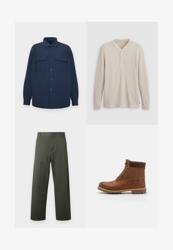 Surchemise bleu marine à boutons, manches longues, deux poches à rabat à l'avant et un col, présentée sur un fond clair et plat.; T-shirt henley à manches longues en tissu côtelé beige clair, avec un col en V, une patte de boutonnage à trois boutons et des manches à poignets. Étiquette logo rouge à l'ourlet.; Pantalons en coton verts avec une coupe droite, fermeture à bouton sur le devant et poches latérales. Texture lisse, style simple et sans motifs visibles.; Botte de randonnée en cuir marron avec une finition lisse, cheville rembourrée, œillets en métal et semelle en caoutchouc dotée d'un motif de crampons robuste.