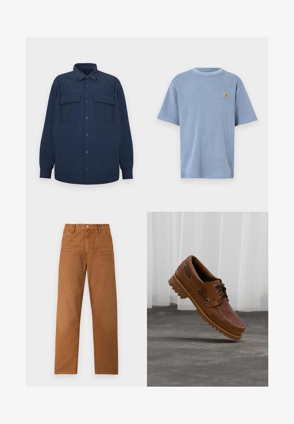 Surchemise bleu marine à boutons, manches longues, deux poches à rabat à l'avant et un col, présentée sur un fond clair et plat.; T-shirt bleu clair à manches courtes avec un motif côtelé texturé et un patch logo brodé sur la poitrine gauche. Encolure ronde.; Pantalon marron à jambes droites avec passants de ceinture, poches avant et fermeture à bouton, présenté sur un fond clair uni.; Chaussure de bateau en cuir marron avec des lacets noirs, des coutures beiges et une semelle robuste, suspendue au-dessus d'un sol en béton gris.