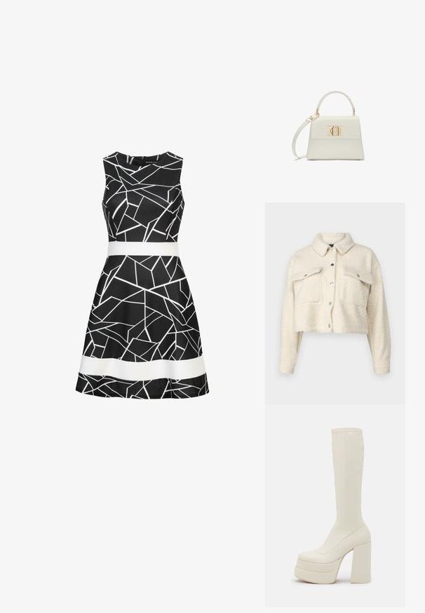 Veste en polaire couleur crème avec un design court, fermeture à boutons, deux poches avant et un col classique. Tissu doux et texturé.; Robe sans manches noire avec un motif géométrique blanc et une ceinture blanche contrastante à la taille. Tissu lisse et design de jupe évasée.; Steve Madden CYPRESS - Bottes à plateau - off white; Petit sac à main blanc avec poignée supérieure, bandoulière amovible et fermoir rectangulaire doré sur la rabat avant.