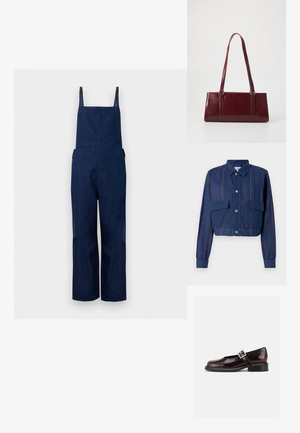 Tumed denimjakk tumesinises, vertikaalsete triipudega, nööbikinnitusega ja kahe rinnataskuga. Tekstureeritud kangas kerge läikega.; Tumed denim üleüldised püksid laia säärega, reguleeritavate rihmade ja küljetaskutega, millel on puhas, minimalistlik disain ja sile tekstuur.; Üksik läikiv tume burgundi Mary Jane jalanõu lai rihma ja hõbedase punniga, madala kand ja ümar ninaga valgel taustal.; Burgundia värvi käekott, mis on valmistatud läikivast materjalist, ristküliku kujuline, kahe õlapaelaga ning ees on peened kaarjad aktsendid.