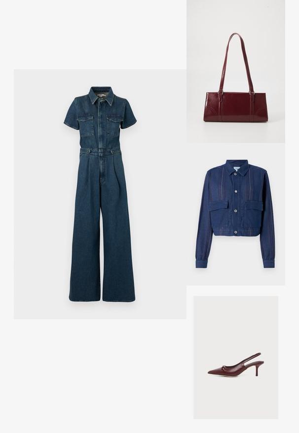 Lyhyt tummansininen farkkutakki pystysuorilla raidoilla, napitus edessä ja kaksi rintataskua. Rakenteellinen kangas, jossa on hieman kiiltoa.; Good American FIT FOR SUCCESS PLEATED WIDE LEG - Haalari - indigo; Burgundinpunainen nahkainen kärjestä terävä nilkkaremmillinen avokas, jossa pieni kitten-korko ja koristellinen solmu päällisessä.; Burgundin värinen käsilaukku, joka on valmistettu kiiltävästä materiaalista, suorakaiteen muotoinen, kahdella olkahihnalla ja hienovaraisilla kaarevilla aksentteilla edessä.