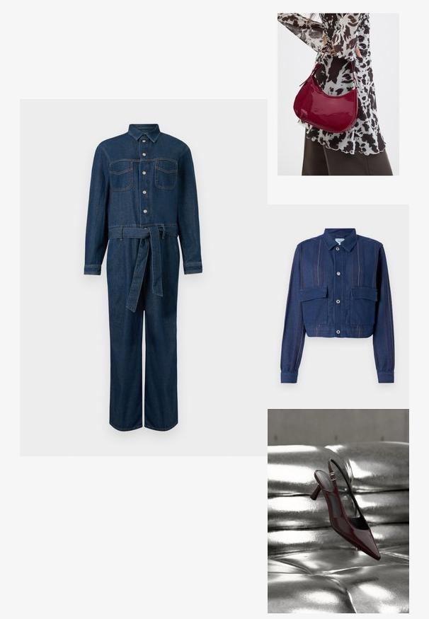 Afskåret denimjakke i mørkeblå med lodrette striber, knaplukning og to brystlommer. Teksturret stof med let glans.; Mørkeblå denim jumpsuit med lange ærmer, frontknaplukning, to brystlommer og et bælte i taljen.; Blank mørkerød slingback højhælet sko med spids tå, vist på en skinnende sølvfarvet polstret læderoverflade.; Kvinde iført en sort- og hvidmønstret bluse, der holder en blank rød skuldertaske mod en ensfarvet baggrund.