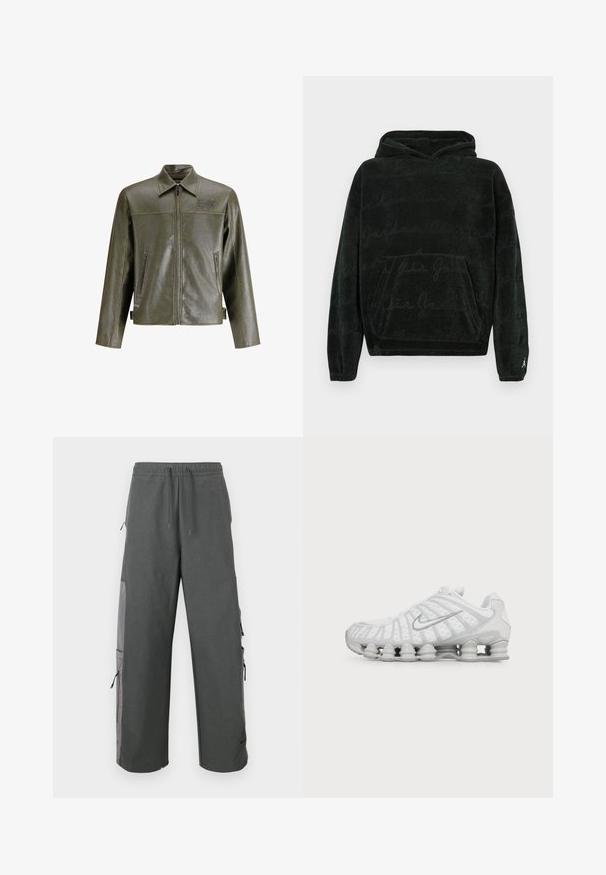 Chaqueta de cuero verde oliva con cremallera frontal, cuello puntiagudo, dos bolsillos laterales y un sutil logotipo en la parte superior izquierda.; Sudadera negra con capucha y bolsillo tipo canguro, con un patrón sutil de letras repetidas y pequeño logo blanco de Jumpman en el puño de la manga izquierda.; Pantalones cargo gris oscuro con cintura elástica, cordón ajustable, bolsillos laterales y detalles de malla, con un ajuste holgado y relajado.; Zapatilla de running blanca Nike con suela visible con amortiguación de aire y logo swoosh plateado en el lateral, mostrada desde el lado exterior.