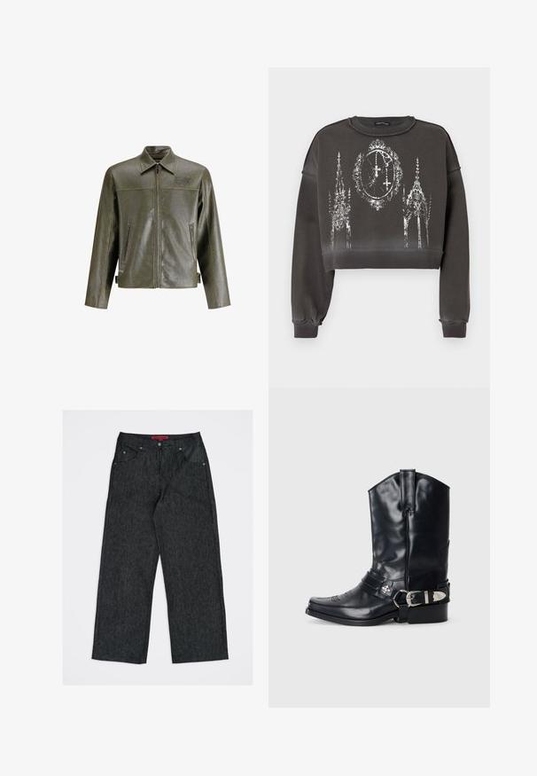 Olijf groene leren jas met een ritssluiting aan de voorkant, een puntige kraag, twee zijzakken en subtiele branding op de bovenste linkerkant.; Grijze cropped sweatshirt met een getextureerde afwerking, voorzien van een wit grafisch ontwerp van sierlijke gebouwen en een klok in het midden.; Donkergrijze denim jeans met wijde pijpen, vijf zakken en een rood merklabel aan de binnenkant van de tailleband.; Zwarte leren cowboylaars met een spitse neus, hoge schacht, decoratieve stiksels en zilveren gespsluiting op de band. Gestructureerde afwerking.